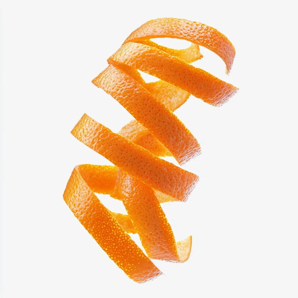 A vibrant, spiraled orange peel floats against a stark white background.  The peel is a bright orange, showing texture and detail.  The elegant curl suggests a sense of lightness and freshness, highlighting the natural beauty of the citrus fruit.  The image is clean and simple, focusing entirely on the peel's form.