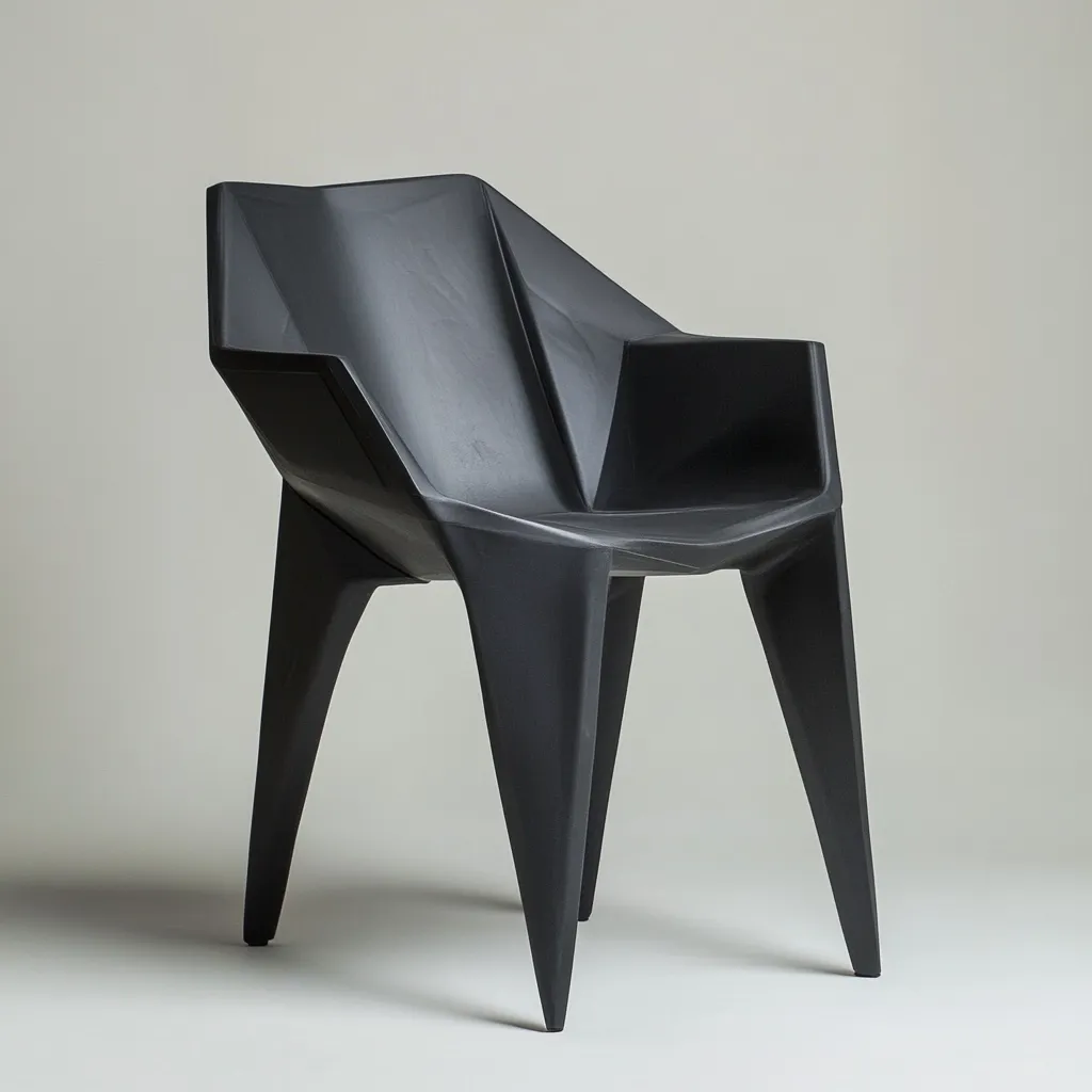A sleek, modern armchair in matte black.  Its design features sharp angles and geometric facets, giving it a sculptural quality.  The chair has a single armrest and tapered legs, suggesting a minimalist aesthetic. The dark color and angular form create a strong, contemporary presence.