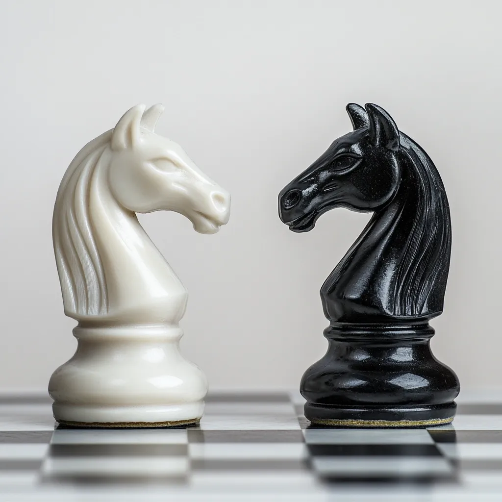 Close-up view of a white and black chess knight facing each other on a chessboard.  The knights are positioned opposite one another, suggesting a confrontation or impending battle. The contrast between the light and dark pieces is striking against the checkered board.  The image evokes themes of strategy, competition, and opposition.