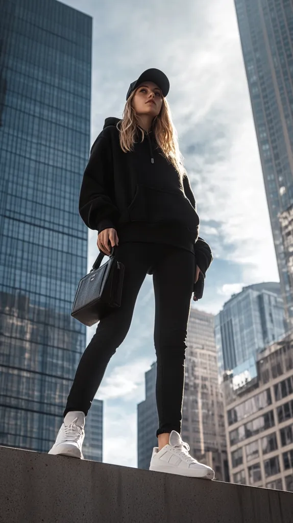 A young woman in a black hoodie and cap stands on a low wall, gazing upward at towering skyscrapers.  She carries a black handbag and wears white sneakers.  The city backdrop creates a stark contrast with her dark clothing. The sunlight highlights her blonde hair, adding a touch of brightness to the overall dark and urban aesthetic.  She exudes a confident and independent posture.
