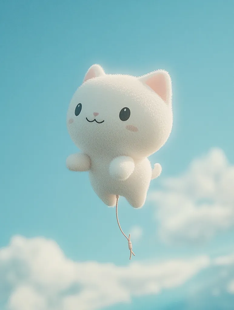 A fluffy, white cat-shaped balloon floats against a light blue sky dotted with fluffy white clouds.  The adorable cartoon cat has large, expressive eyes and a sweet smile.  The balloon is tethered by a thin string, creating a whimsical and charming scene.  The overall aesthetic is soft, pastel, and dreamlike.