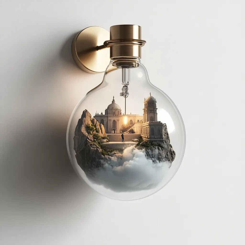 A large glass lightbulb, mounted on a gold wall sconce, contains a miniature landscape.  A majestic stone building sits atop a rocky outcrop shrouded in clouds.  A lone figure stands on the steps leading to the structure, bathed in the warm glow of a setting sun. The scene evokes a sense of wonder and the potential for great ideas, encapsulated within the confines of the bulb.