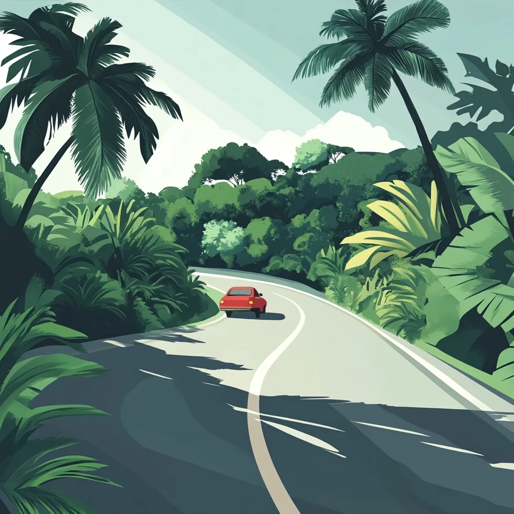 A red car drives along a winding road through a lush, tropical landscape.  Tall palm trees and vibrant green foliage line the road, creating a scenic and tranquil atmosphere.  Sunlight filters through the leaves, casting shadows on the asphalt. The scene evokes a sense of peaceful travel and escape to a tropical paradise.