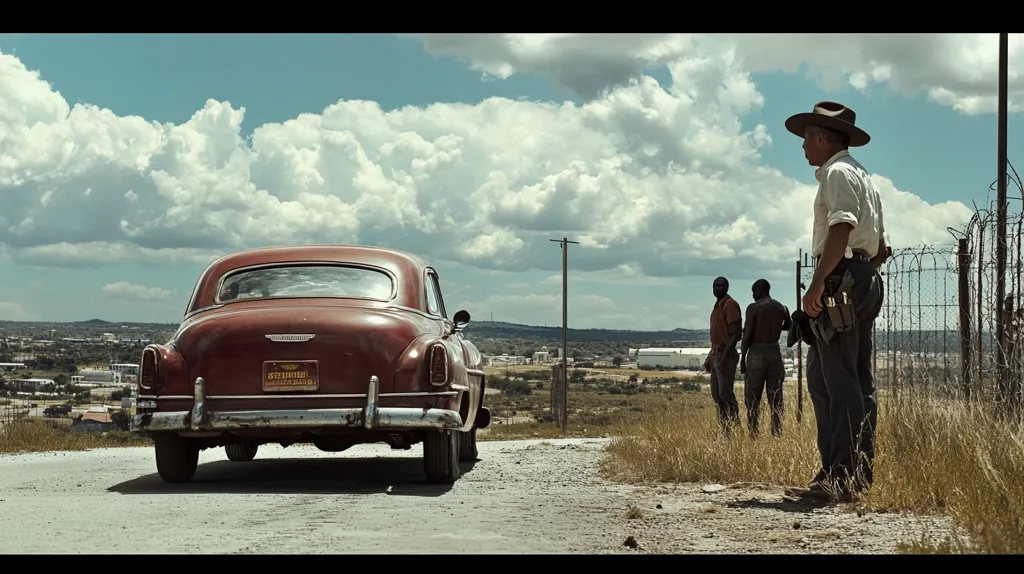 A vintage maroon car is parked on a dirt road overlooking a distant town.  A man in a light-colored shirt and hat, carrying a pistol, stands near a chain-link fence, observing three dark-skinned men in the distance. The sky is partly cloudy, and the overall scene evokes a feeling of tension and suspense, possibly a still from a Western or period drama film.