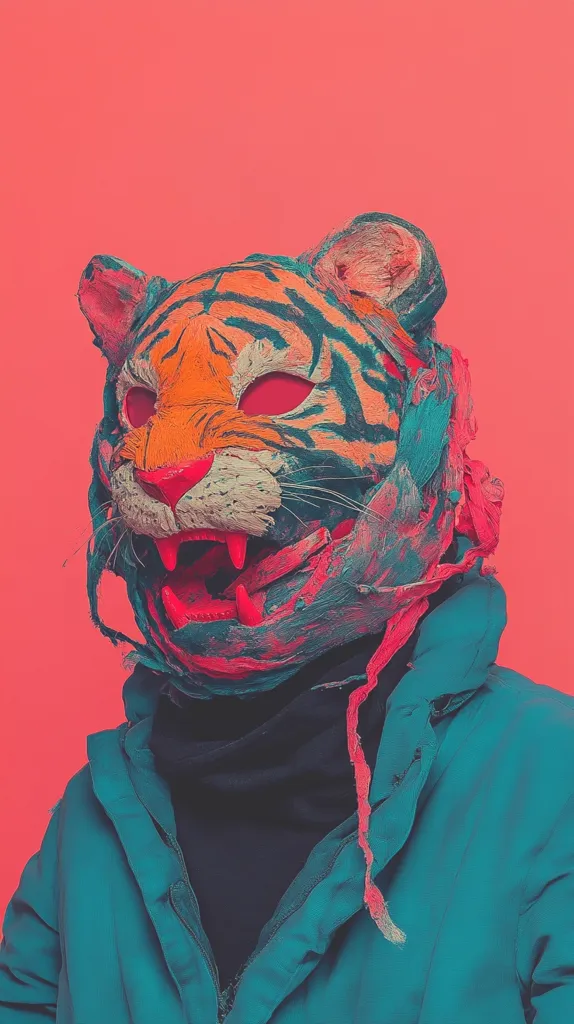 Close-up view of a person wearing a vibrant, textured tiger mask. The mask appears hand-painted with orange, teal, and pink hues, giving it a rough, artistic feel.  The individual is also wearing a teal jacket, creating a striking contrast against the coral-colored background. The overall image is surreal and visually arresting.