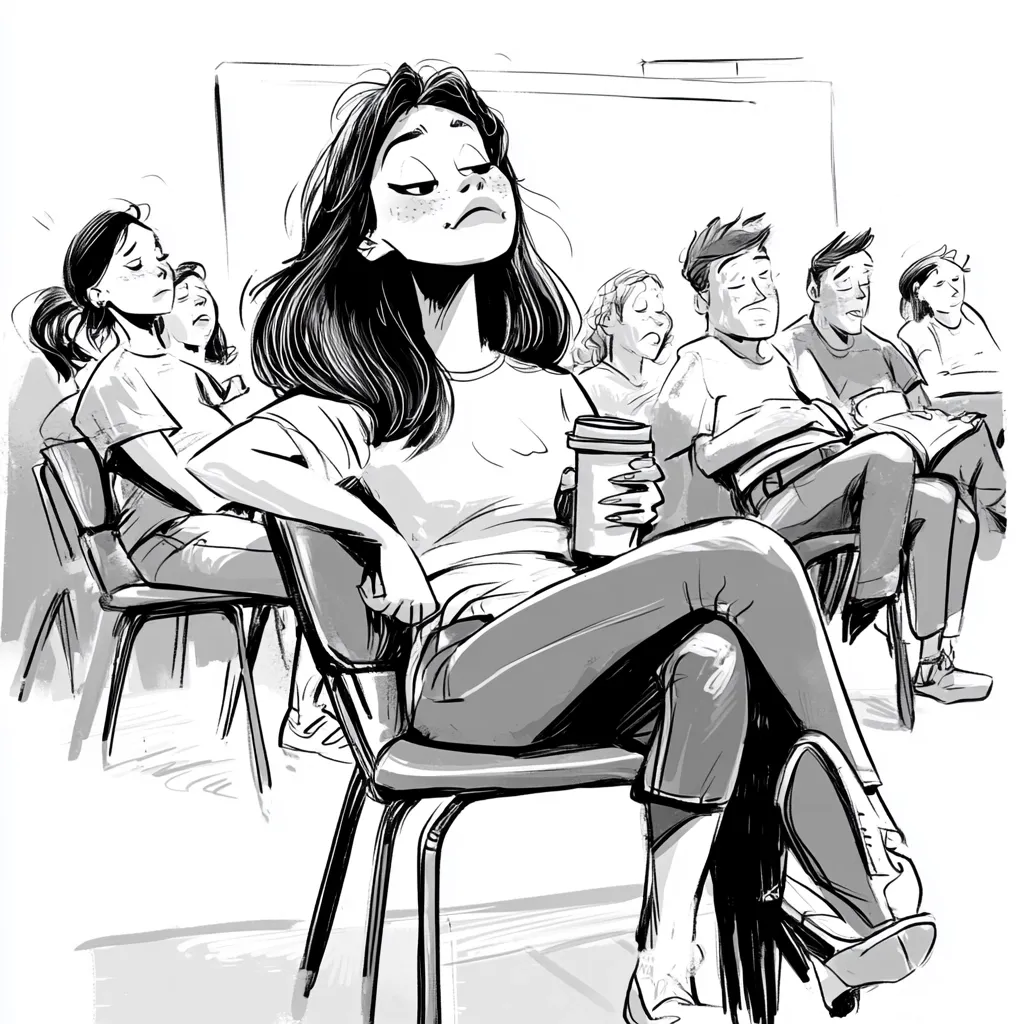 A bored young woman sits in a classroom chair, legs crossed, holding a to-go cup.  She appears disinterested as her classmates around her listen attentively or appear drowsy. The sketch-style illustration highlights the contrast between her attitude and the others in the lecture hall.  The scene is depicted in black and white with expressive lines.