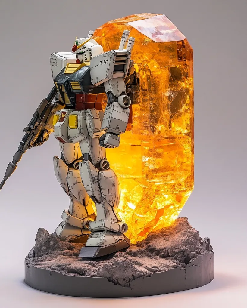 A meticulously detailed model of a Gundam RX-77-2 Guncannon stands proudly.  It's positioned against a striking backdrop of a glowing, amber-colored crystal, seemingly emanating light. The model rests on a realistically textured, rocky base, enhancing the overall dramatic and visually impressive display. The weathering and paint job on the Gundam add to its realistic look.