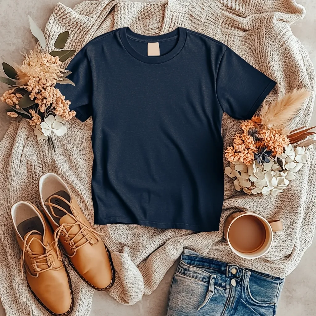 A navy blue t-shirt is laid on a cream-colored knit cardigan.  Tan leather oxfords and a cup of coffee rest on the cardigan, along with dried floral arrangements and a pair of blue jeans. The overall aesthetic is cozy and autumnal.  The scene is styled for a flat lay product photo.