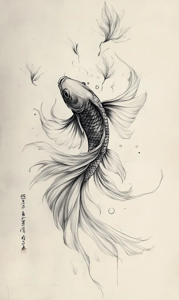 A detailed pencil sketch showcases a betta fish, its long, flowing fins elegantly depicted.  The fish appears to swim upwards, surrounded by delicately drawn, feather-like shapes suggesting movement and water. The grayscale rendering emphasizes the texture and fluidity of the fish's form, creating a graceful and serene image.  A small, vertical inscription is visible near the fish's body.