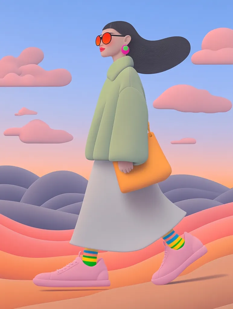 A stylized illustration depicts a woman walking across a landscape of pastel hills under a soft, sunset sky. She wears a light green puffer jacket, a long light grey skirt, pink sneakers with colorful socks, and sunglasses.  Her long dark hair flows behind her as she carries a mustard-yellow tote bag. The overall aesthetic is dreamy and minimalist.