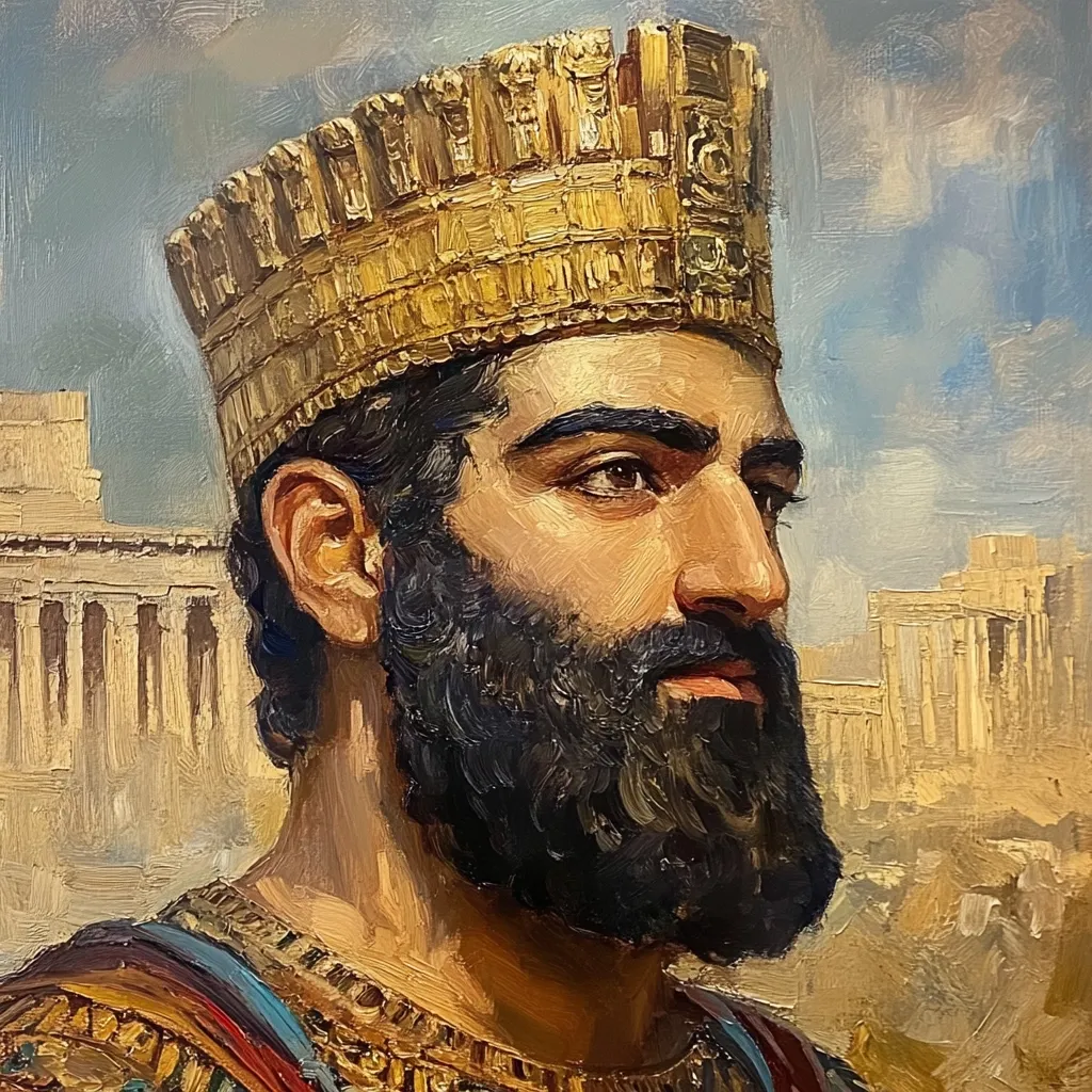 A portrait painting depicts a man, possibly a king, adorned in a large, ornate gold crown.  He has a dark beard and intense gaze. The style is reminiscent of classical portraiture, with visible brushstrokes.  A blurred background suggests an ancient city with classical architecture, possibly a palace or temple ruins, hinting at a historical or mythological figure. The overall impression is one of regal power and ancient grandeur.