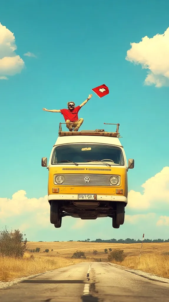A man in a red shirt sits atop a yellow Volkswagen bus, arms outstretched, holding a small Swiss flag. The bus appears to be airborne above a long, empty road cutting through a dry, grassy landscape under a bright blue sky with fluffy white clouds.  The scene evokes a sense of freedom and adventure.