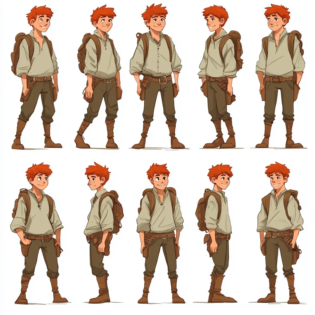 Twelve illustrations depict a red-haired boy, possibly a character design for animation or a game.  He wears a tan shirt, brown pants, boots, and a brown backpack.  Various poses showcase different angles and stances, likely for animation reference, demonstrating movement and character expression.  The style is cartoonish and friendly.