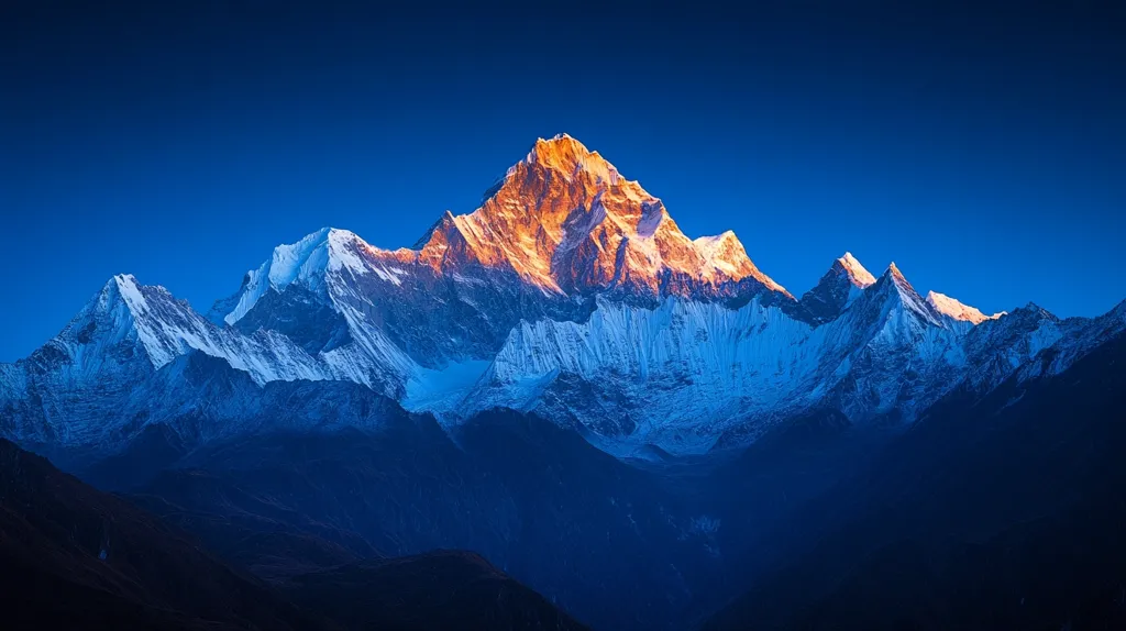 A majestic snow-capped mountain range dominates the landscape under a vibrant blue sky.  The central peak is bathed in the warm glow of the rising or setting sun, its golden hues contrasting sharply with the cool blues and whites of the surrounding snow and ice. The deep shadows in the valleys emphasize the immense scale and grandeur of the mountain range.  The scene is one of breathtaking beauty and natural power.