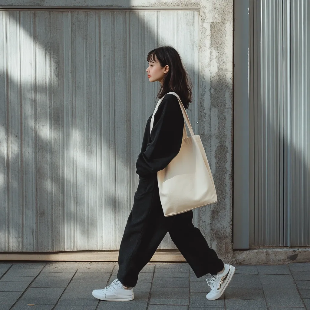 A young woman with dark hair walks down a city sidewalk. She's wearing a black jumpsuit, white sneakers, and carrying a large, off-white tote bag.  The background is a textured metal wall, partially shaded by tree branches.  The overall scene is minimalist and stylish.