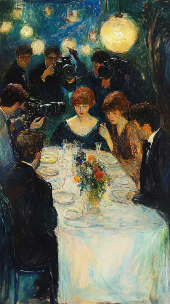 A vibrant Impressionist-style painting depicts a dinner scene bathed in the warm glow of hanging lights.  Several figures, elegantly dressed, are seated around a table laden with plates and a floral centerpiece.  Surrounding them, a group of photographers with cameras capture the moment, creating a bustling atmosphere of a celebrity event or social gathering. The artist uses bold brushstrokes and rich colors to convey movement and light.
