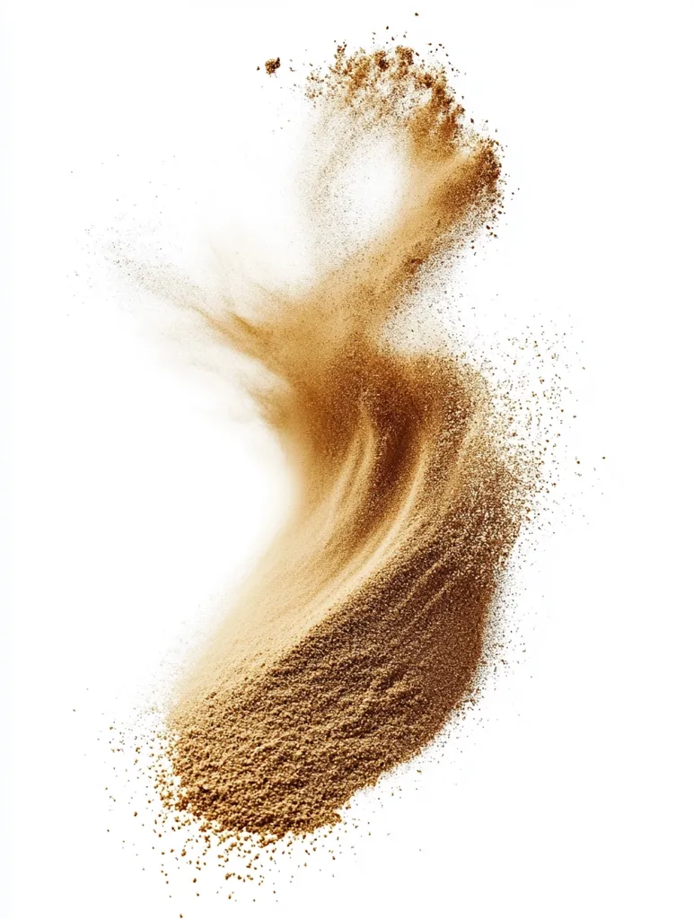 A burst of light brown sand explodes against a white background. The sand forms a dynamic, swirling shape, with particles scattering outwards.  The majority of the sand is concentrated in a curved mound, suggesting motion and a powerful force. The image showcases the texture and fine grains of the sand.