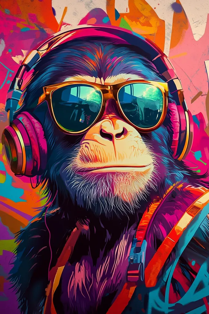 A vibrant, stylized artwork depicts a chimpanzee wearing oversized sunglasses and pink headphones.  The monkey's expression is serene and slightly amused.  The backdrop is a colorful explosion of graffiti-style paint splatters in bright pinks, oranges, and blues, enhancing the piece's energetic and modern aesthetic. The overall style is bold and graphic, with a focus on striking color contrasts.