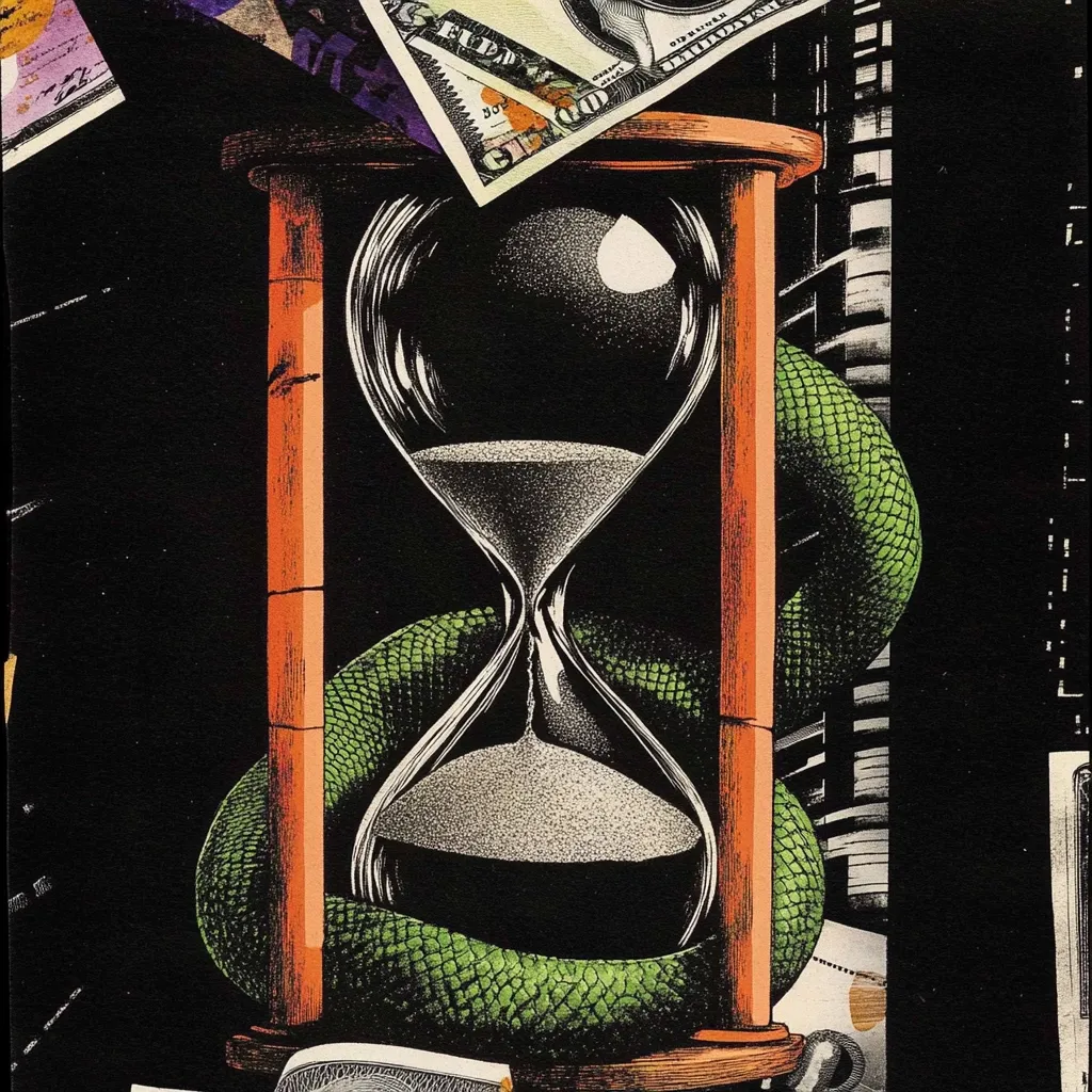 An hourglass, symbolizing the fleeting nature of time, is encircled by a green snake.  Dollar bills are scattered around the base, suggesting the relationship between time, money, and possibly greed or the corrosive effects of wealth.  The dark background and detailed artwork create a dramatic, almost ominous, feel.