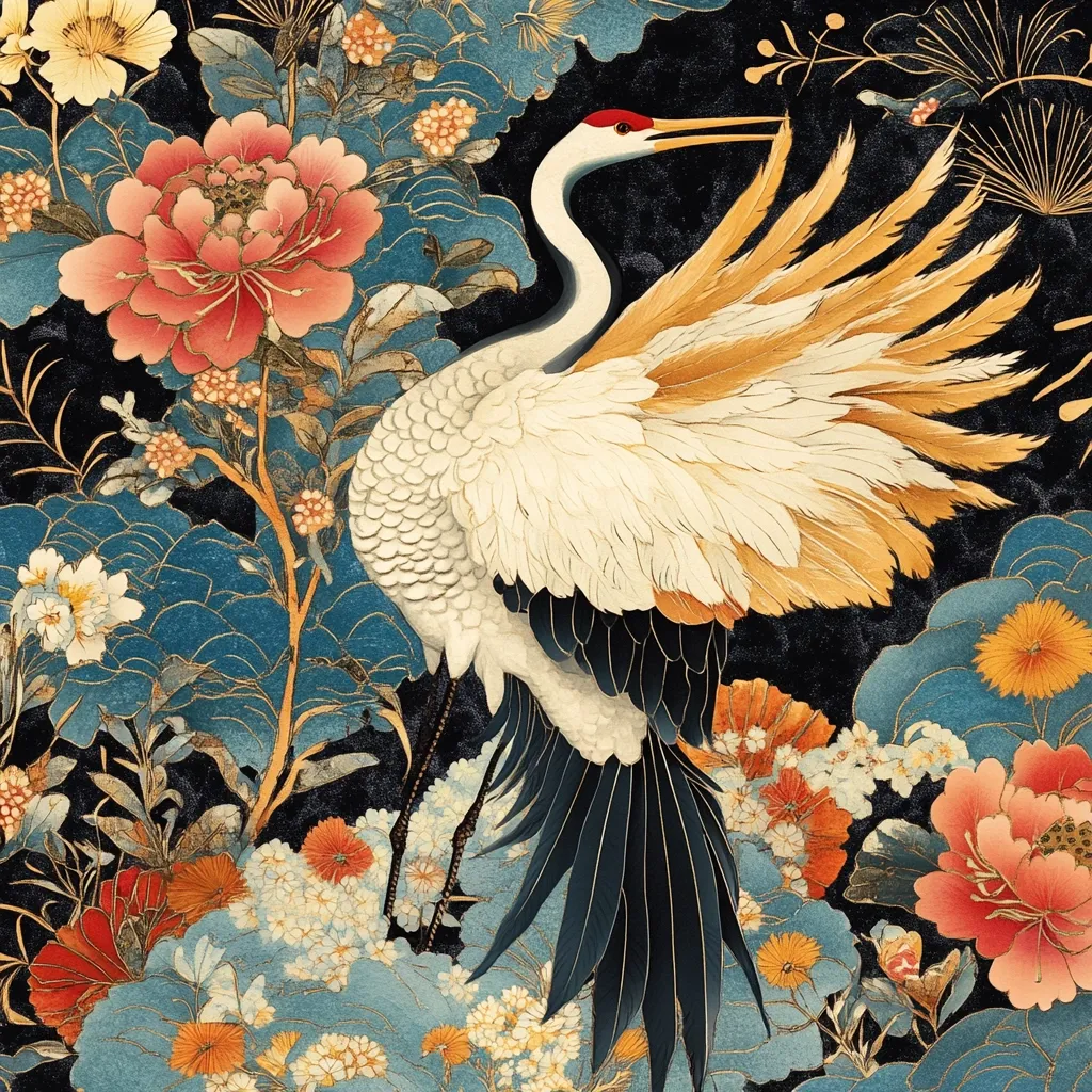 A majestic white crane, with wings outstretched in a display of elegance, is the focal point of this artwork.  The crane is depicted amidst a vibrant profusion of flowers in rich jewel tones, including peonies and smaller blossoms. The style is reminiscent of traditional Japanese or Chinese art, with a meticulous attention to detail and a striking contrast between the crane's white and gold feathers and the dark background. Gold accents add a touch of regal splendor to the overall composition.