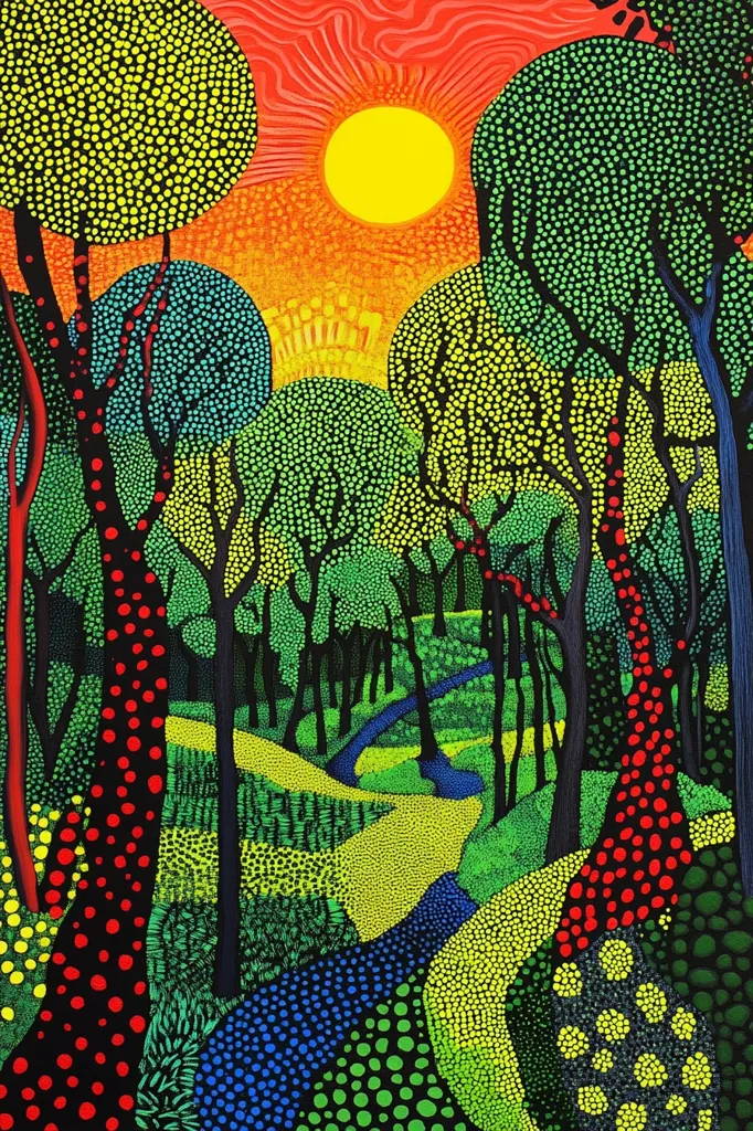 A vibrant pointillist painting depicts a sun-drenched forest scene.  Brightly colored trees, rendered in dots of various greens, yellows, and reds, line a winding path.  The sun, a large yellow circle, dominates the upper portion of the canvas, casting a warm glow over the landscape. The overall effect is one of joyful energy and bold, stylized naturalism.