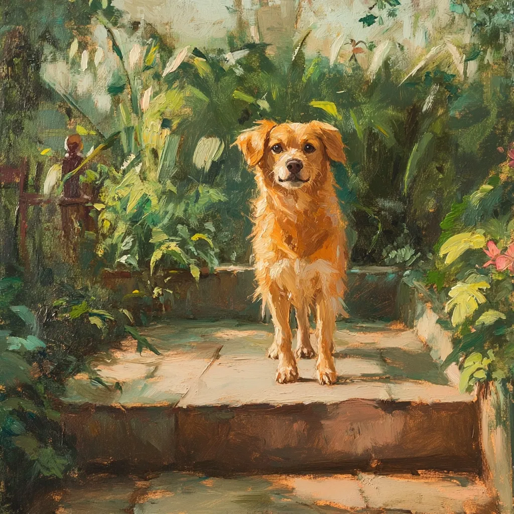 A golden retriever stands proudly on a stone step, bathed in sunlight. Lush green foliage surrounds the dog, creating a vibrant, natural backdrop. The painting's impressionistic style emphasizes light and shadow, giving the scene a warm, inviting atmosphere.  The dog's expression is calm and serene, capturing a moment of peaceful tranquility.