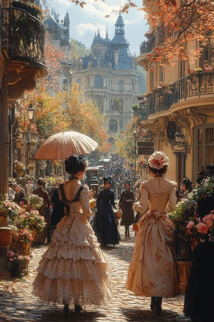 Two women in elegant, layered gowns stroll down a sun-drenched cobblestone street in a picturesque European city.  Autumn leaves adorn the buildings and trees, creating a warm, romantic atmosphere.  The architecture is ornate and detailed, indicative of a bygone era.  Other pedestrians and horse-drawn carriages add to the bustling, yet charming scene.  One woman carries a parasol, enhancing the period detail.