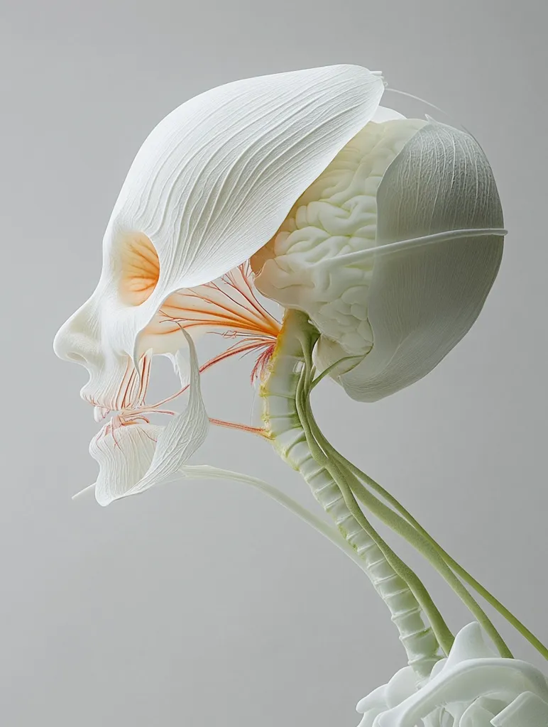 A stylized anatomical artwork depicts a human head and neck in profile view.  The skull is rendered in a delicate, white, petal-like form, with the brain, spinal cord, and nerves visible in muted colors. The overall aesthetic blends organic forms with anatomical accuracy, creating a surreal and elegant image.  The color palette is predominantly off-white and pale green, emphasizing a sense of serenity.