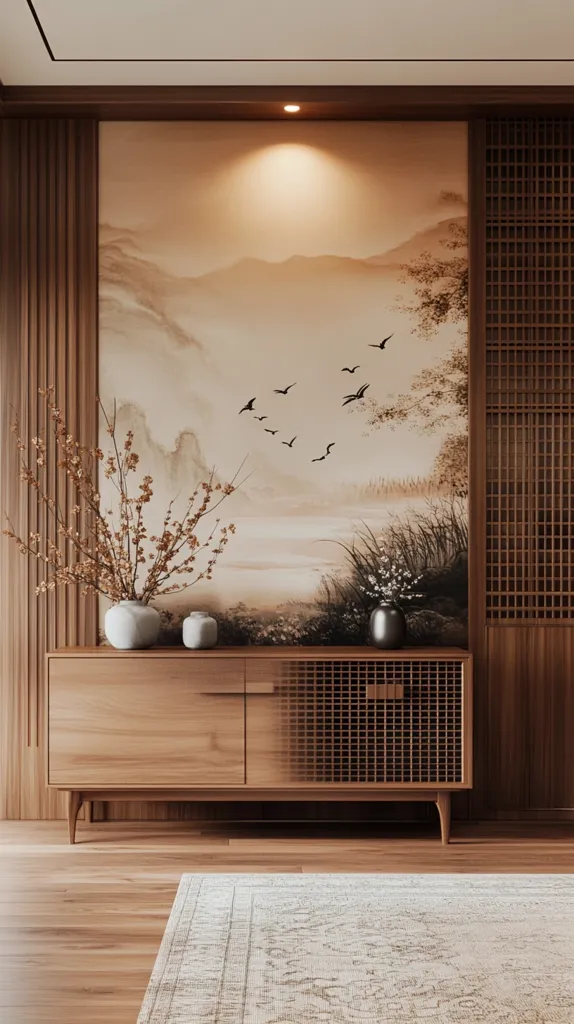 A minimalist living room features a light wood sideboard against a wall adorned with a serene landscape painting.  The artwork depicts mountains, water, birds, and reeds in muted earth tones.  Dried floral arrangements and small ceramic vases add subtle texture.  Wooden lattice panels flank the artwork, enhancing the room's calming and sophisticated ambiance.  A light beige rug completes the space.