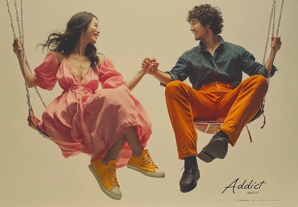 A young couple sits on a swing, holding hands. The woman wears a pink dress and yellow sneakers, while the man sports orange pants and a denim shirt with black shoes. Their joyful expressions and playful pose evoke a sense of youthful romance. The image is titled "Addict Addict," suggesting a theme of infatuation or obsession. The warm tones and soft lighting enhance the romantic mood.
