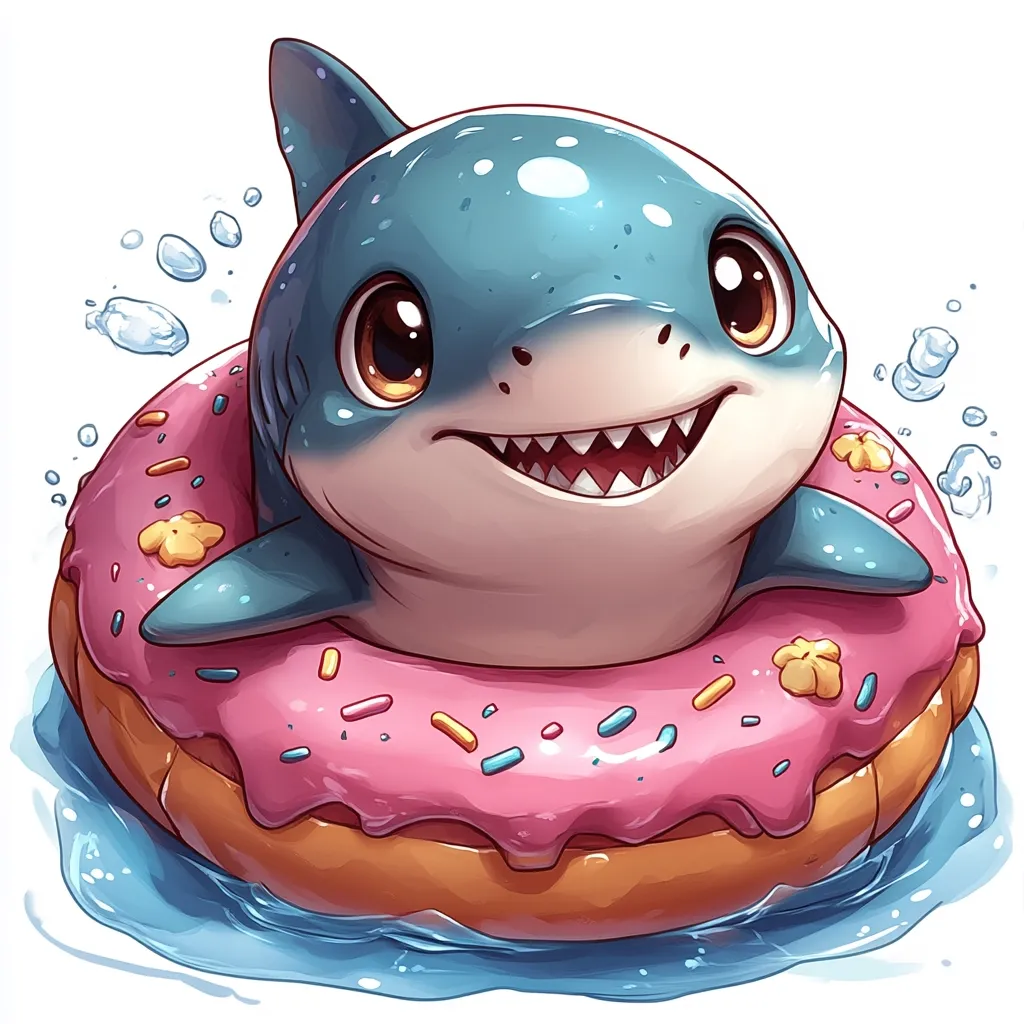 An adorable cartoon baby shark with large, expressive eyes floats serenely in a pink donut-shaped inner tube.  The shark's teal body contrasts with the sweet treat, and small water splashes surround the joyful scene, creating a whimsical and cute image.  The overall style is bright, playful, and digitally rendered.