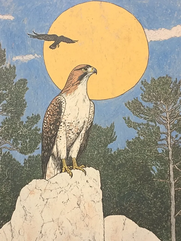 A red-tailed hawk perches majestically on a light-colored rock, silhouetted against a large, vibrant yellow moon.  A smaller dark bird flies in the upper left corner.  The scene is set against a backdrop of dark green pine trees under a pale blue sky, creating a serene and evocative landscape. The artwork utilizes a detailed, almost illustrative style.