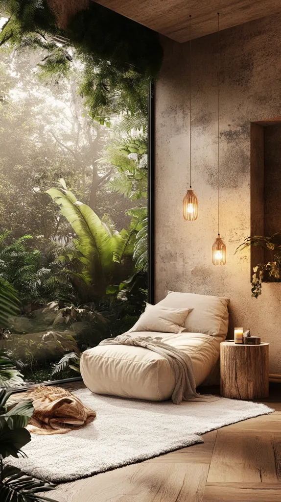 A tranquil relaxation area features a large, plush beige beanbag chair positioned before a floor-to-ceiling window showcasing lush jungle foliage.  Two woven pendant lights hang from the ceiling above the chair, casting a warm glow against a textured, earthy wall. A rustic wooden side table holds candles, complementing the room's natural aesthetic.  A soft, light rug anchors the space. The overall atmosphere is serene and inviting.