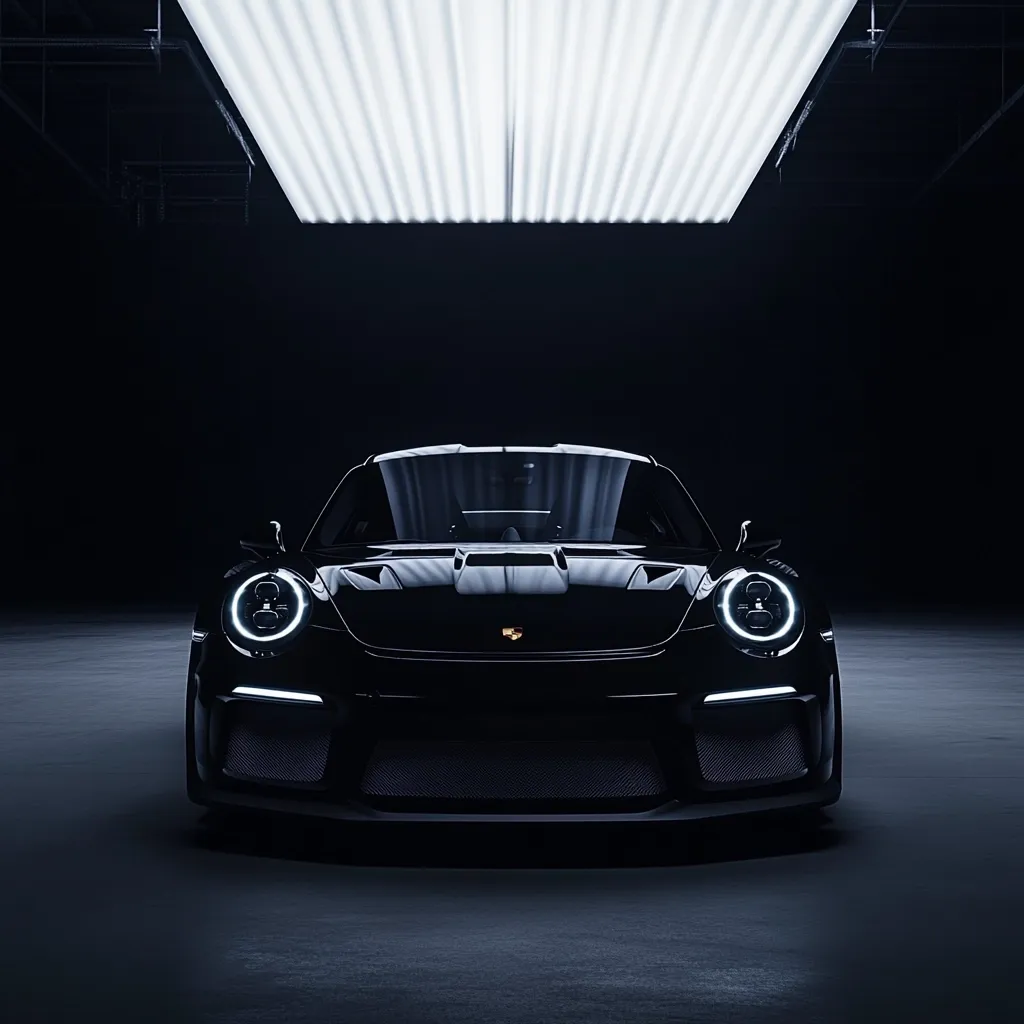 A sleek, black Porsche 911 GT3 RS is the focal point of the image, positioned centrally in a dark, industrial-style garage.  The car's headlights illuminate slightly, contrasting against the shadowy background.  A bright, linear ceiling light above casts a stark glow, highlighting the vehicle's form and emphasizing its powerful presence. The overall mood is one of sophisticated darkness and automotive elegance.