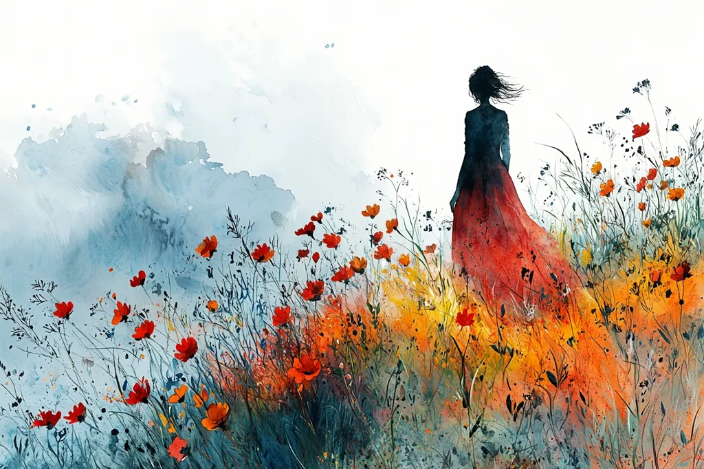A watercolor painting depicts a solitary woman in a flowing red dress, standing amidst a field of vibrant wildflowers.  The woman's silhouette is dark against the bright blooms, creating a striking contrast. The background is a soft wash of blues and grays, suggesting a misty or ethereal atmosphere. The overall mood is serene and melancholic, evoking a sense of contemplation and freedom.
