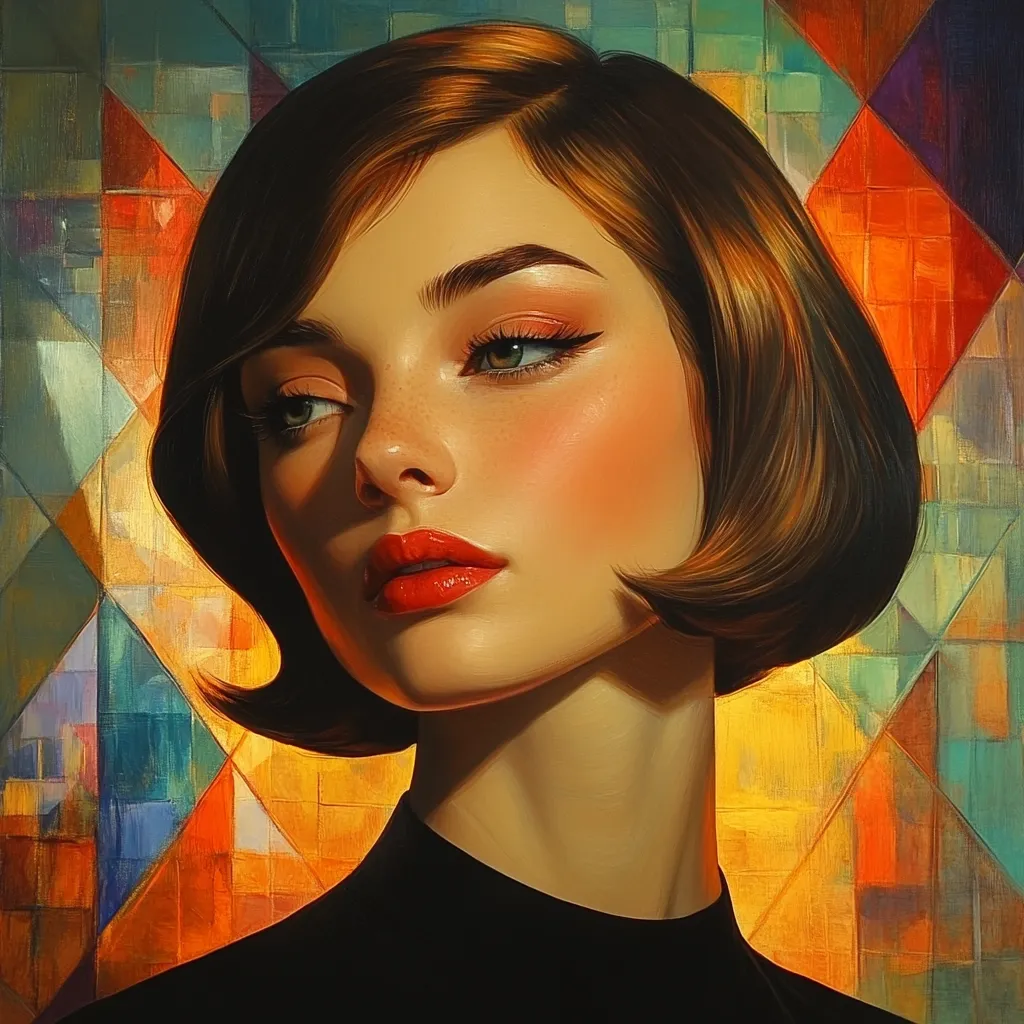A portrait of a woman with a short, dark bob haircut. She possesses striking features:  green eyes, subtle freckles, and full lips painted a vibrant red. Her skin has a warm, sun-kissed glow.  The background is an abstract geometric pattern of warm oranges, yellows, and cool blues and greens, suggesting stained glass.  The style is hyperrealistic, with a focus on rich color and texture.
