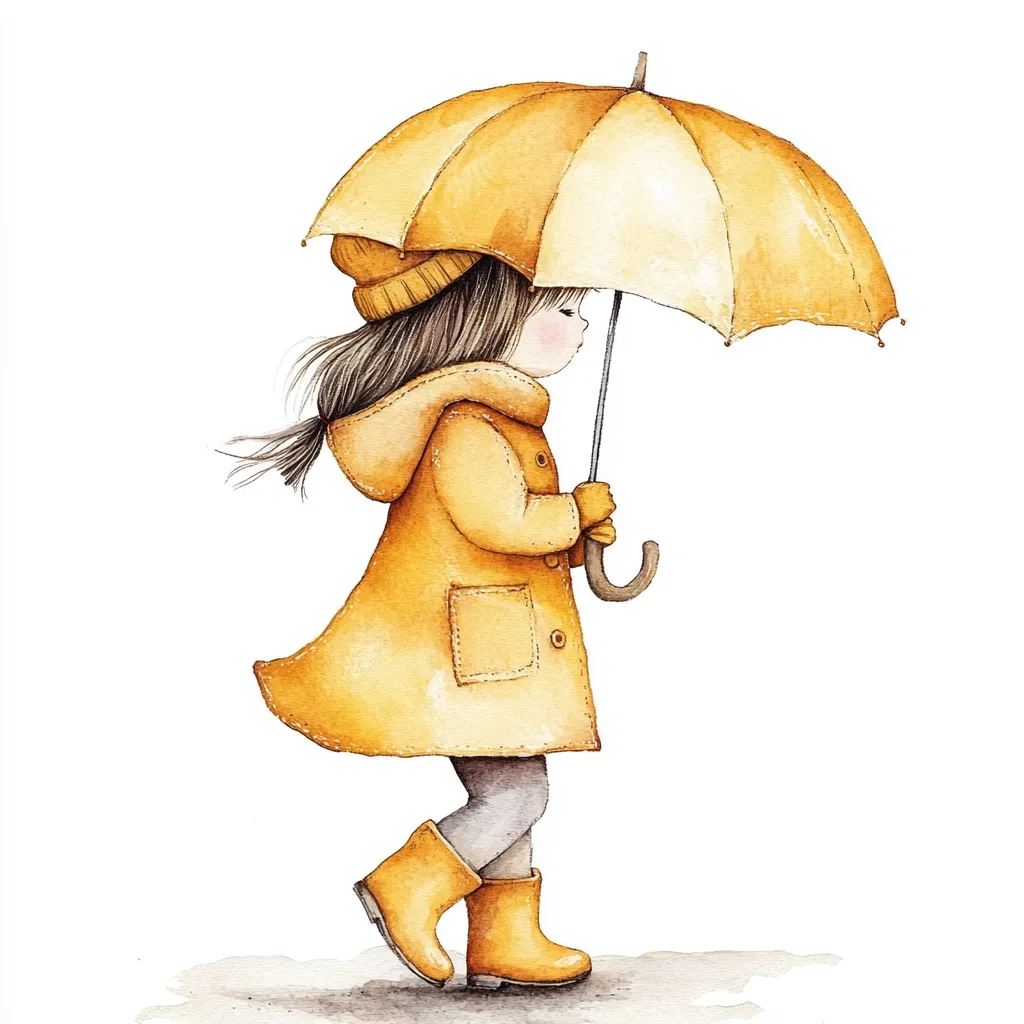 A watercolor illustration depicts a cute girl in a yellow raincoat and matching boots, carrying a yellow umbrella.  Her brown hair is tied back, and she wears a knitted hat. The style is whimsical and charming, evoking a feeling of gentle autumn rain. The girl's posture suggests a quiet contemplation, walking calmly in the shower.  The overall color palette is warm and muted.