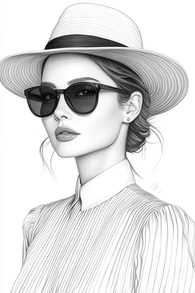 A meticulously detailed pencil sketch portrays a woman, elegantly attired in a striped collared shirt and a wide-brimmed straw hat.  Her stylish round sunglasses add to her sophisticated look.  The artist's attention to detail is evident in the subtle shading and texture of the clothing and hat. The woman's pose is composed and confident, creating a striking image.
