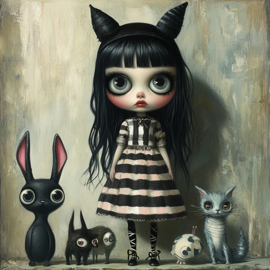 A whimsical painting features a large-eyed doll with black hair and cat ears, wearing a striped dress.  She stands with three small creatures: a black rabbit, a dark fluffy creature, and a light blue cat. The style is dark and slightly gothic, with a muted color palette and textured background. The overall impression is one of charming peculiarity.