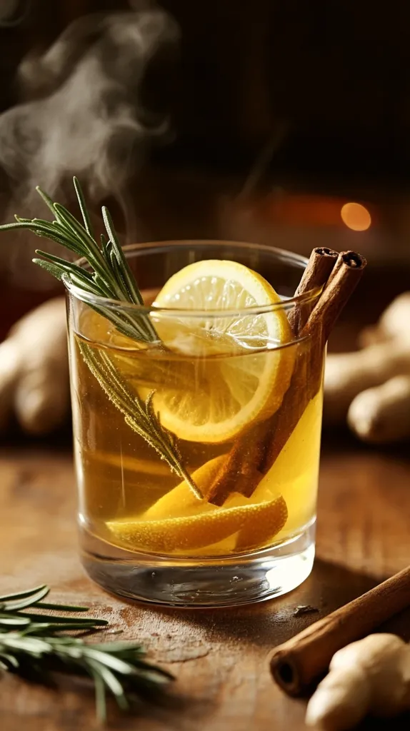 A steaming mug of warm beverage is presented, featuring lemon slices, cinnamon sticks, and rosemary sprigs.  The drink sits on a rustic wooden surface, with additional cinnamon sticks and ginger root scattered nearby. The warm lighting and steam create a cozy, inviting atmosphere, suggesting a comforting and flavorful drink perfect for a cold evening.