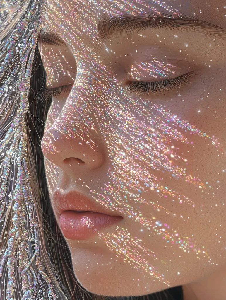 A close-up digital artwork depicts a woman's face adorned with iridescent glitter, cascading down her skin like shimmering streams of light. Her eyes are gently closed, enhancing the ethereal and dreamy quality of the image.  The glitter's rainbow hues contrast beautifully with her soft, pale complexion and dark hair, creating a magical and captivating effect.