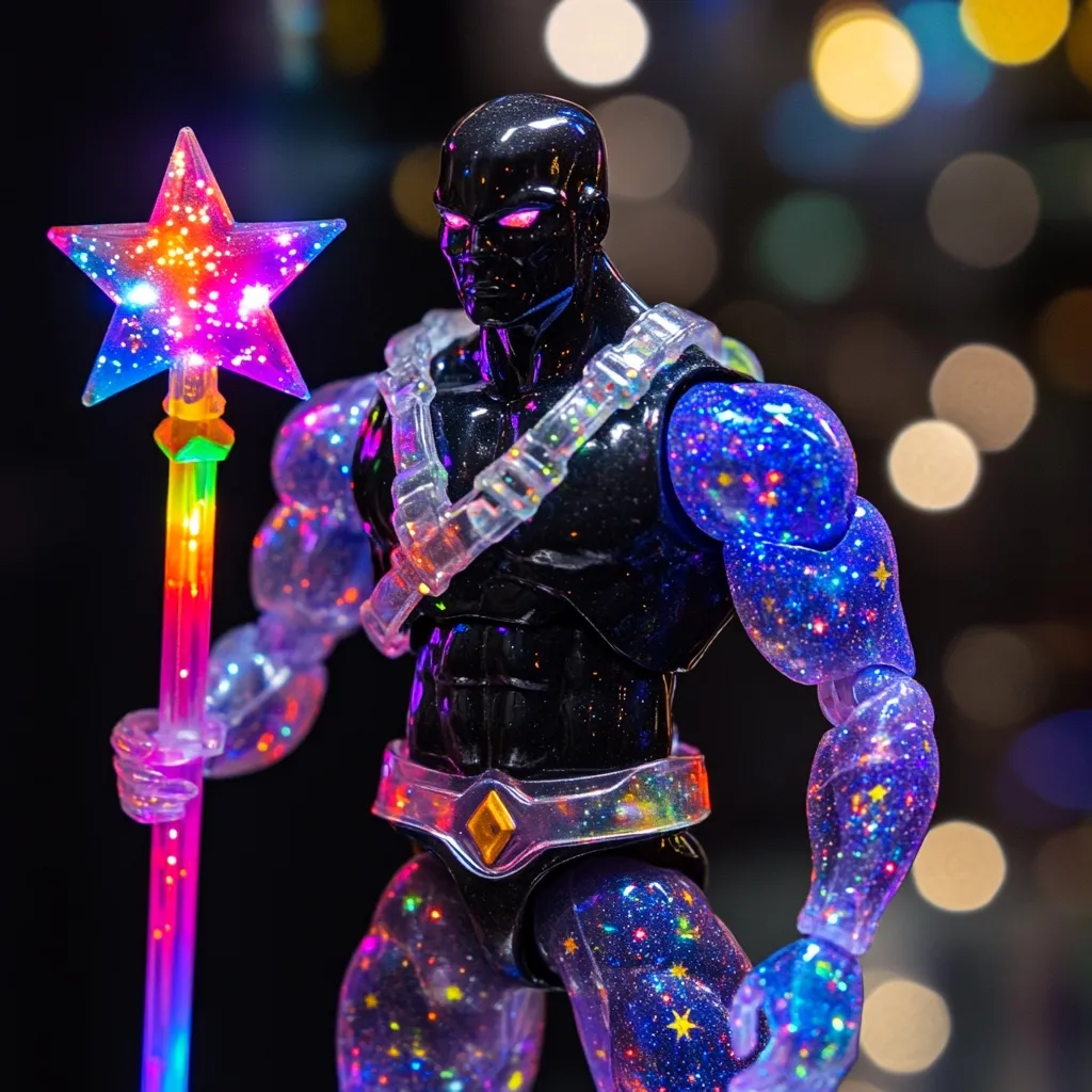 A close-up shot reveals a meticulously detailed action figure, its black body adorned with iridescent glitter resembling a cosmos.  The figure wields a vibrant, multi-colored light-up star wand, its glow contrasting against the dark background punctuated by bokeh lights. The figure's muscular physique and pose suggest strength and power, creating a captivating visual narrative.