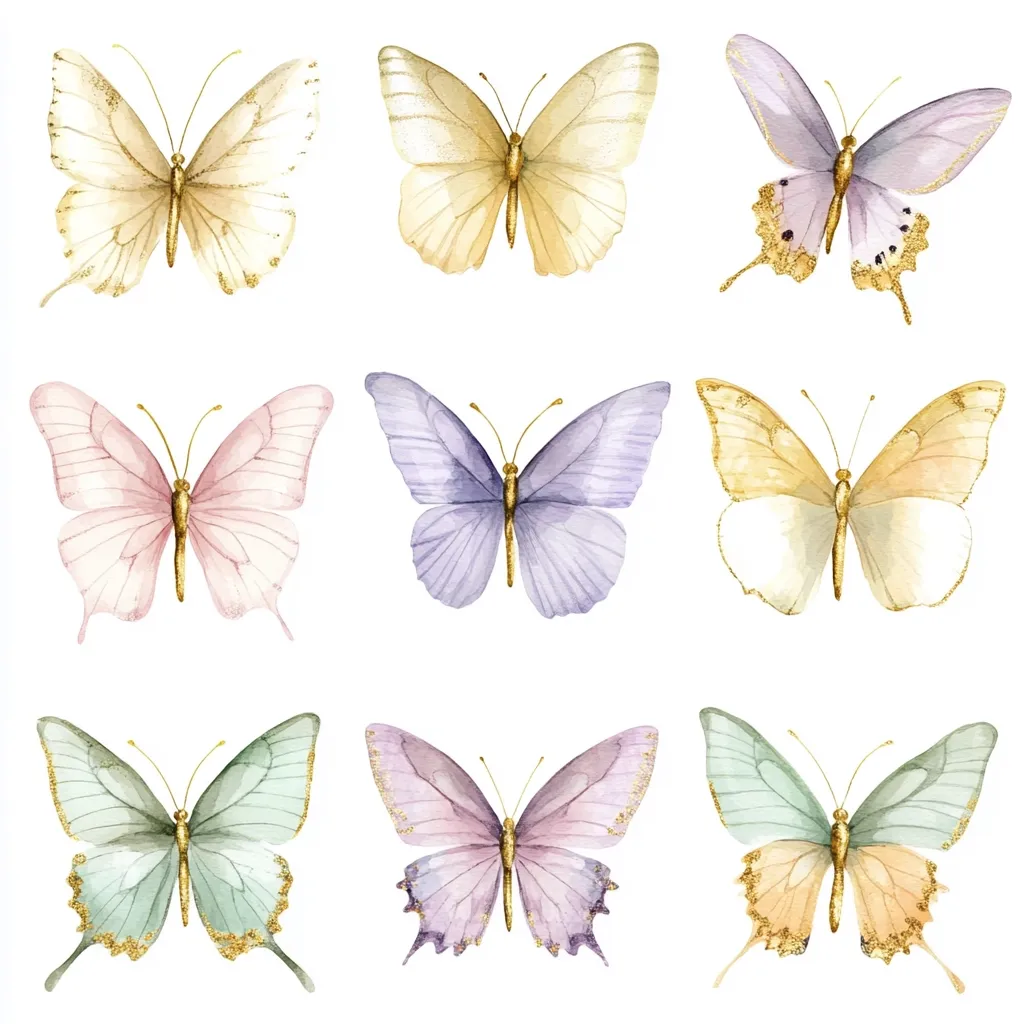 Nine watercolor butterflies, each with a unique pastel color and gold accents, are arranged in a 3x3 grid against a white background.  The butterflies feature delicate wing details and subtle gold glitter along their edges.  The colors range from pale pinks and purples to soft greens and yellows, creating a soft and elegant aesthetic.
