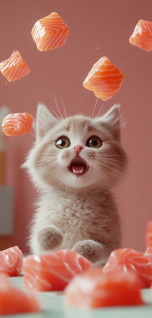 A fluffy, light-brown kitten sits with an open mouth, looking up at pieces of salmon falling from the air.  The salmon cubes appear to be floating around its head, creating a playful and whimsical scene. The kitten's expression is one of surprise and delight, suggesting a love for the treat.  The background is a soft, muted pink.