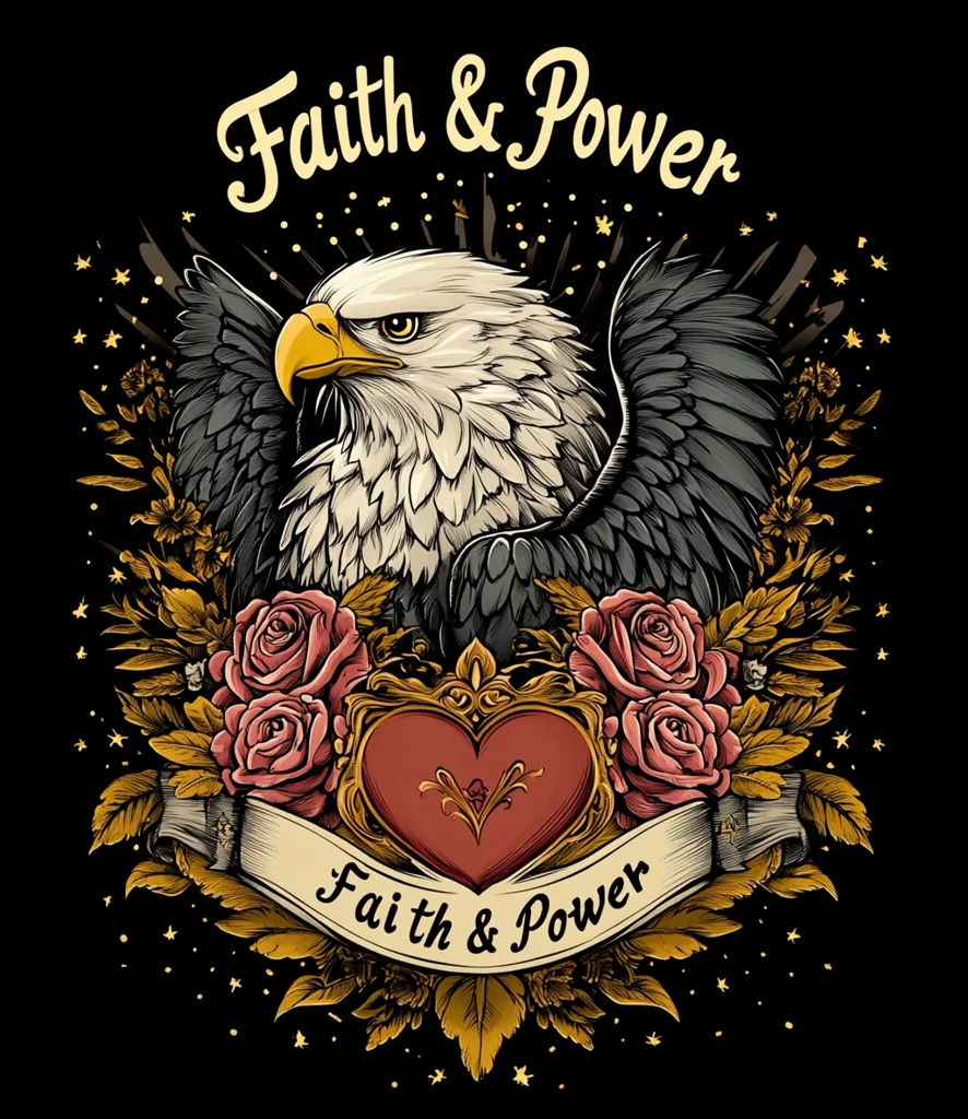 A majestic bald eagle takes center stage, its wings spread majestically.  Surrounding the eagle is a vibrant arrangement of roses and golden foliage, creating a striking visual contrast against the black background.  A heart-shaped emblem rests below, inscribed with the words "Faith & Power," a theme echoed at the top of the design.  The overall style is vintage and detailed, possibly suitable for a t-shirt design or other apparel.