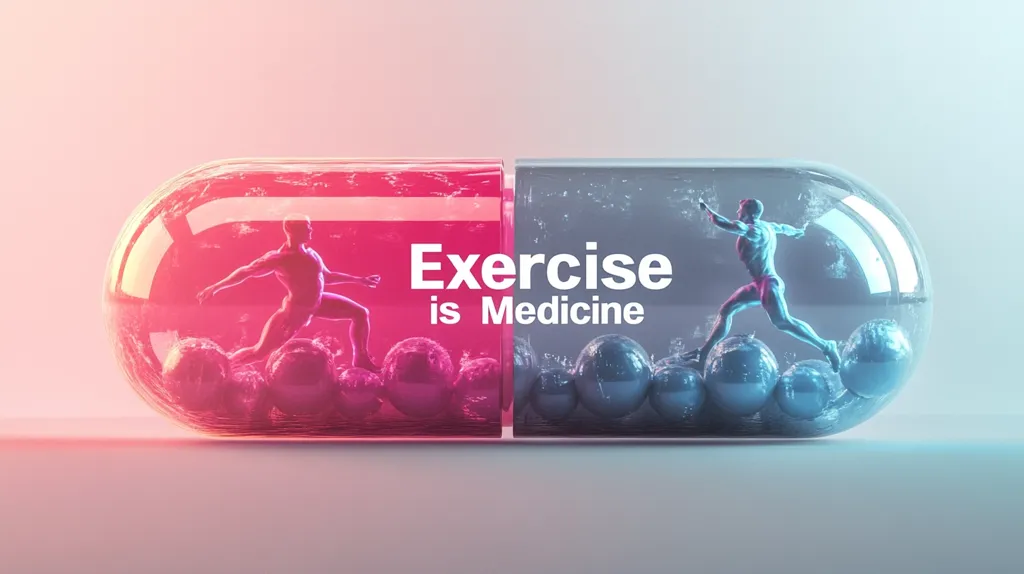 The image shows a large transparent capsule split into two halves, each containing a stylized human figure.  One figure is depicted in a calm pose, while the other is running. The capsule is filled with spheres, and the text "Exercise is Medicine" is prominently displayed. The visual metaphor suggests that physical activity is essential for health and well-being, as vital as medicine.
