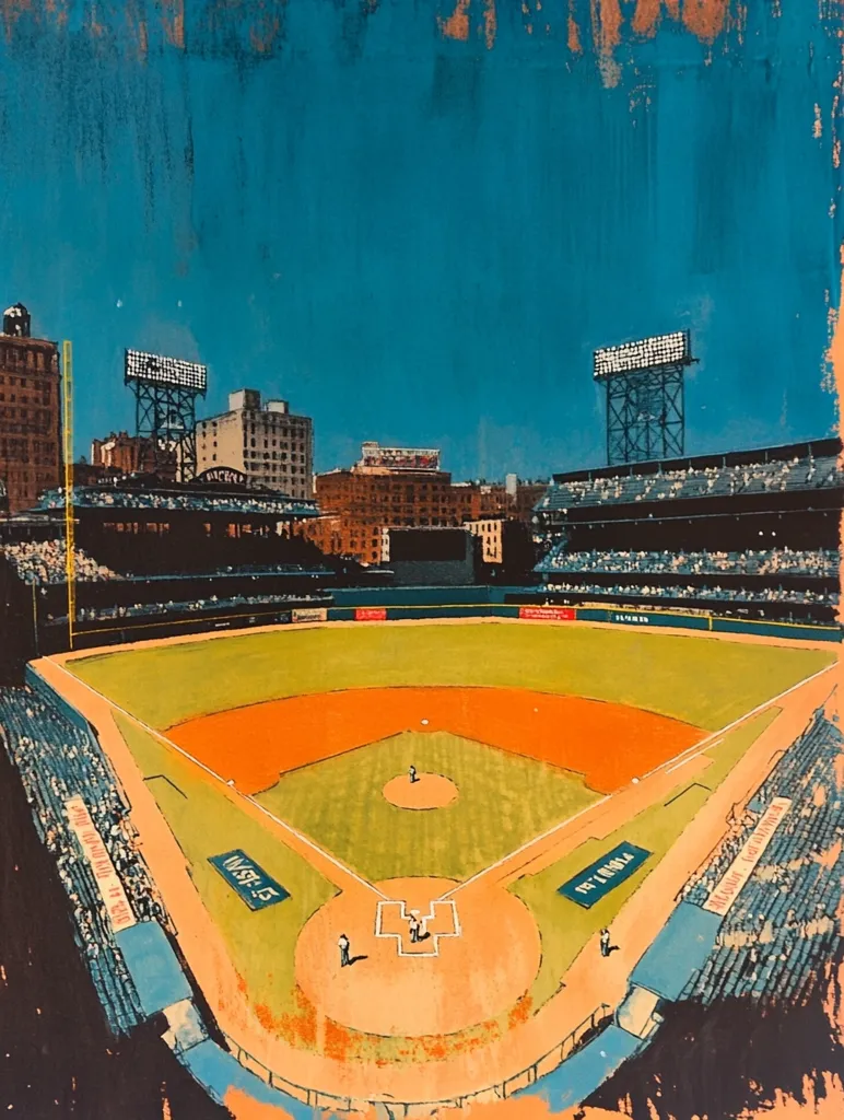 A vibrant, stylized painting depicts a baseball stadium viewed from above.  The field is a blend of orange and green, with players visible on the diamond.  The stands are filled with spectators, suggested by blocks of color.  The backdrop features city buildings under a teal sky, adding a sense of urban context.  The overall style is painterly and expressive, emphasizing color and mood over precise detail.