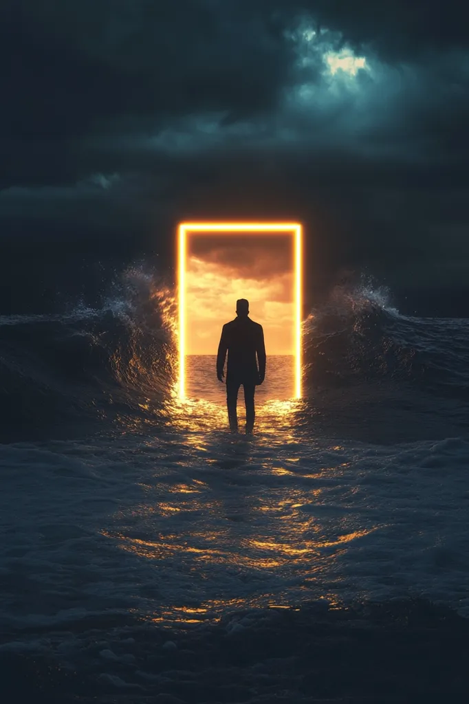 A lone figure stands silhouetted against a luminous, rectangular portal in the midst of a turbulent ocean.  The portal glows with an orange light, revealing a calm sunset beyond the crashing waves.  The dramatic contrast between the stormy sea and the tranquil scene within the portal creates a surreal and evocative image, suggesting a transition or journey into another realm.