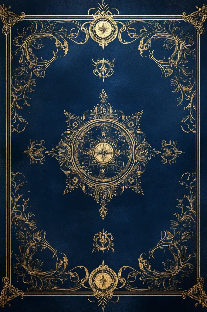 A navy blue background features a gold ornate design.  Intricate, gilded flourishes frame a central compass rose motif. Smaller compass symbols are located at the top and bottom corners. The style is reminiscent of antique book covers or maps, exuding a sense of classic elegance and adventure.  The gold detailing is highly detailed and intricately designed.