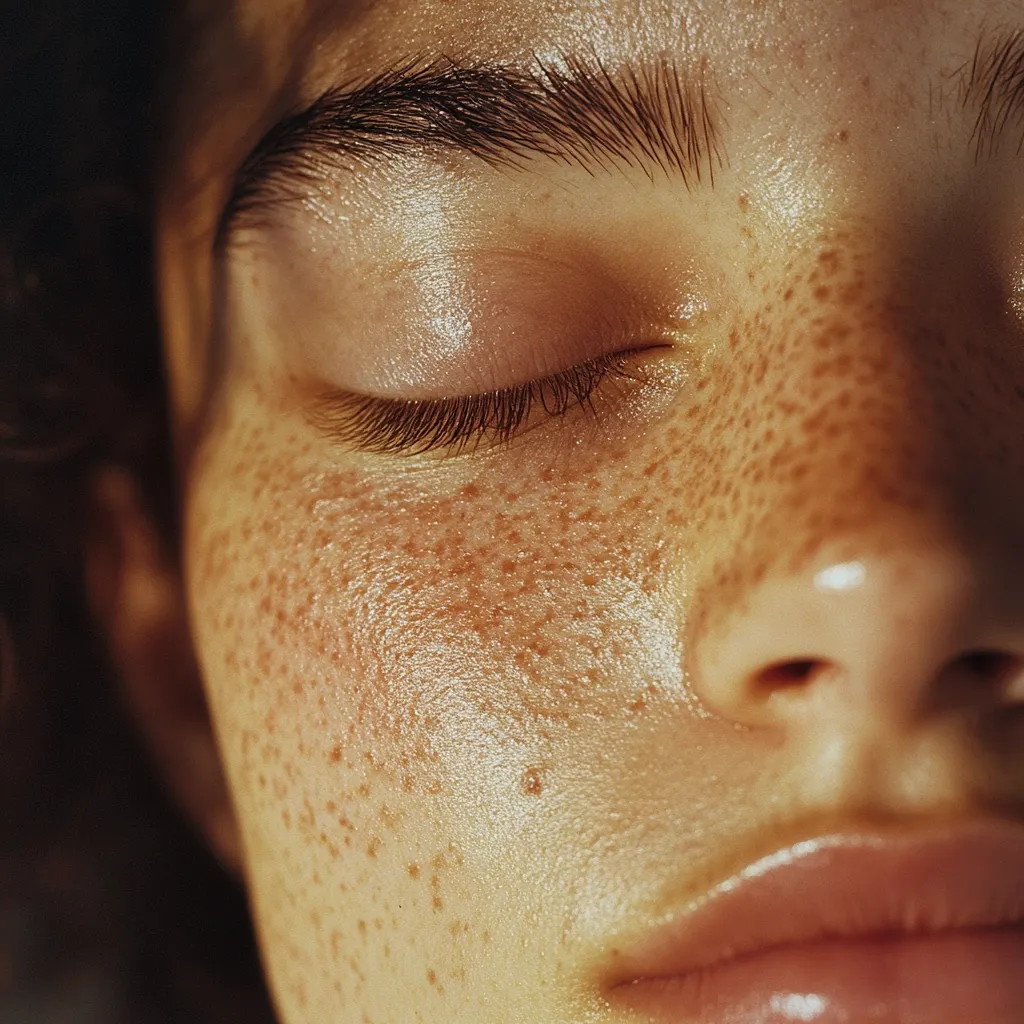 Close-up of a person's face, eyes closed.  The skin is light-toned with numerous freckles concentrated on the cheeks and nose.  The skin has a slightly oily or dewy sheen, illuminated by soft, warm light.  The eyebrows are dark and well-defined. The overall image conveys a sense of natural beauty and calm.